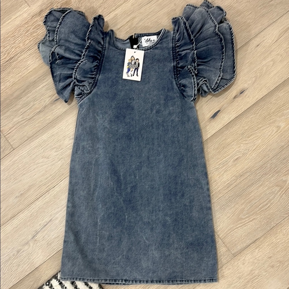 Lola + The Boys Blue Mini Sheath Dress with Puff Sleeves and Crew Neck